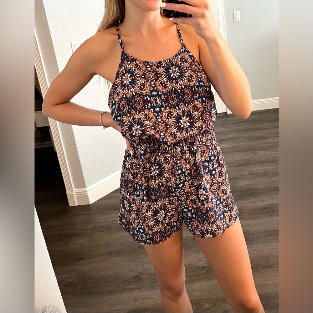 Olive Tree Blue Patterned Romper